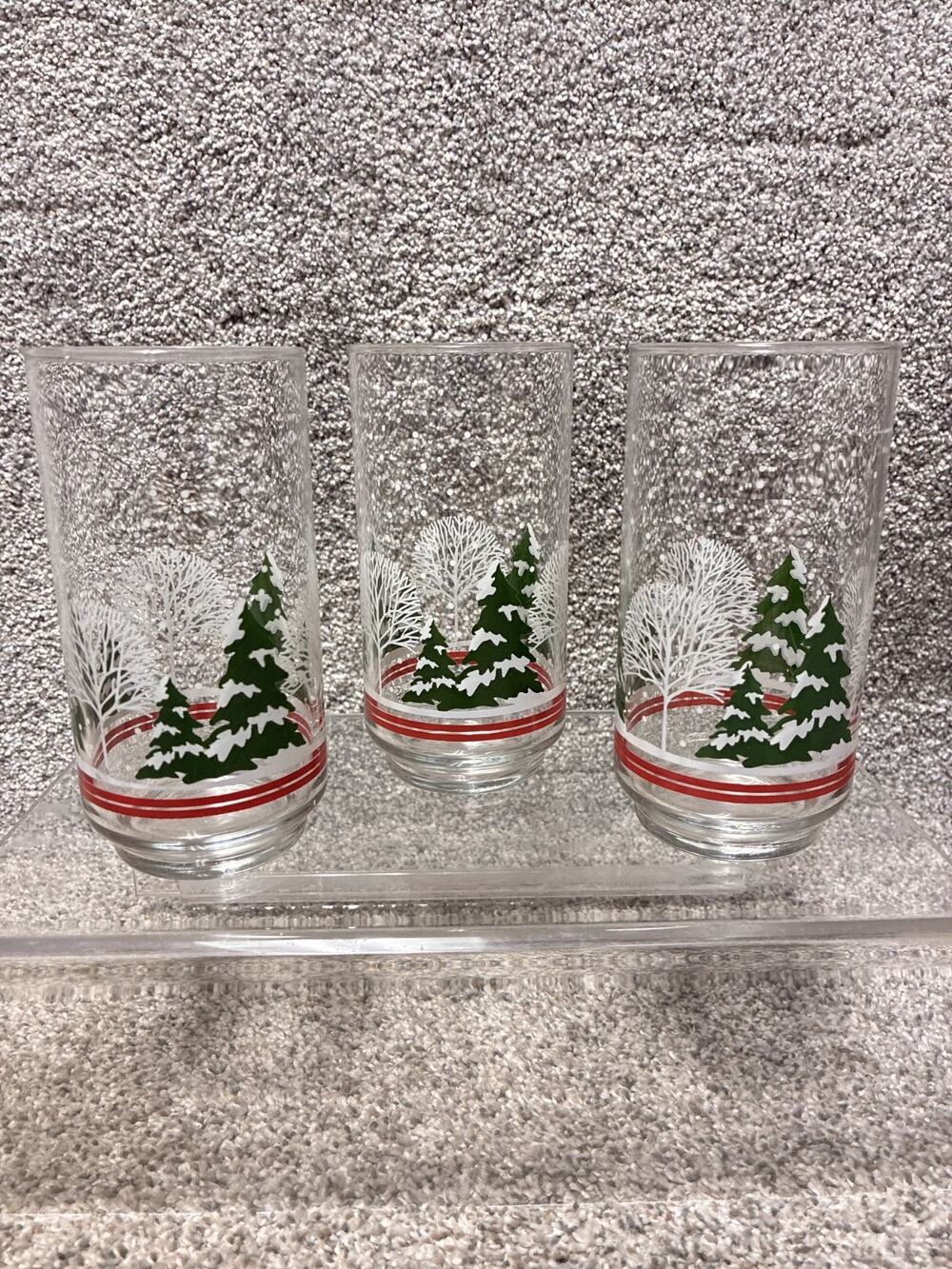 Vintage 6 in Christmas Highball Glasses Set of 3 Snowy Pine Tree Winter Forest